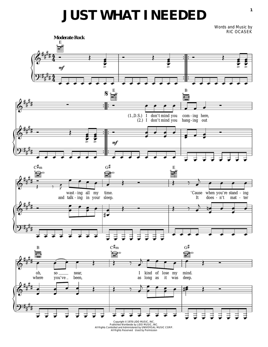 Just What I Needed Piano, Vocal, Guitar scores gallery preview page 1