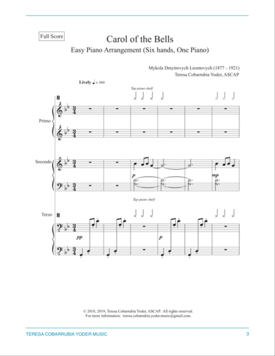 Carol of the Bells, Easy Piano Trio Arrangement (six hands, one piano) by Teresa Cobarrubia Yoder, A A Cappella scores gallery preview page 3