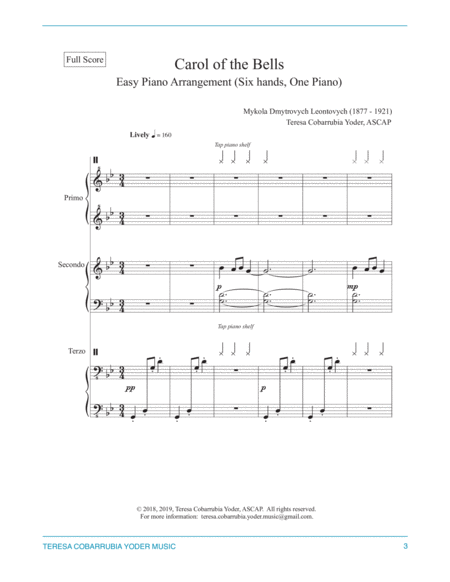 Carol of the Bells, Easy Piano Trio Arrangement (six hands, one piano) by Teresa Cobarrubia Yoder, A image number null