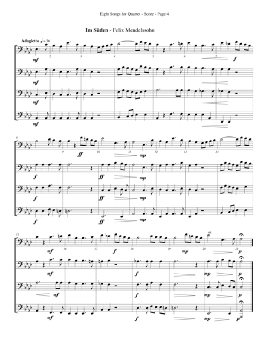 Eight Songs for Quartet for Trombone or Low Brass Quartet Brass Quartet scores gallery preview page 4