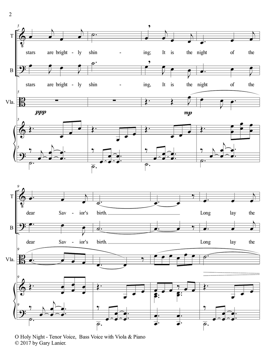 O HOLY NIGHT (Duet - Tenor Voice, Bass Voice with Viola & Piano - Score & Parts included) Small Ensemble scores gallery preview page 3