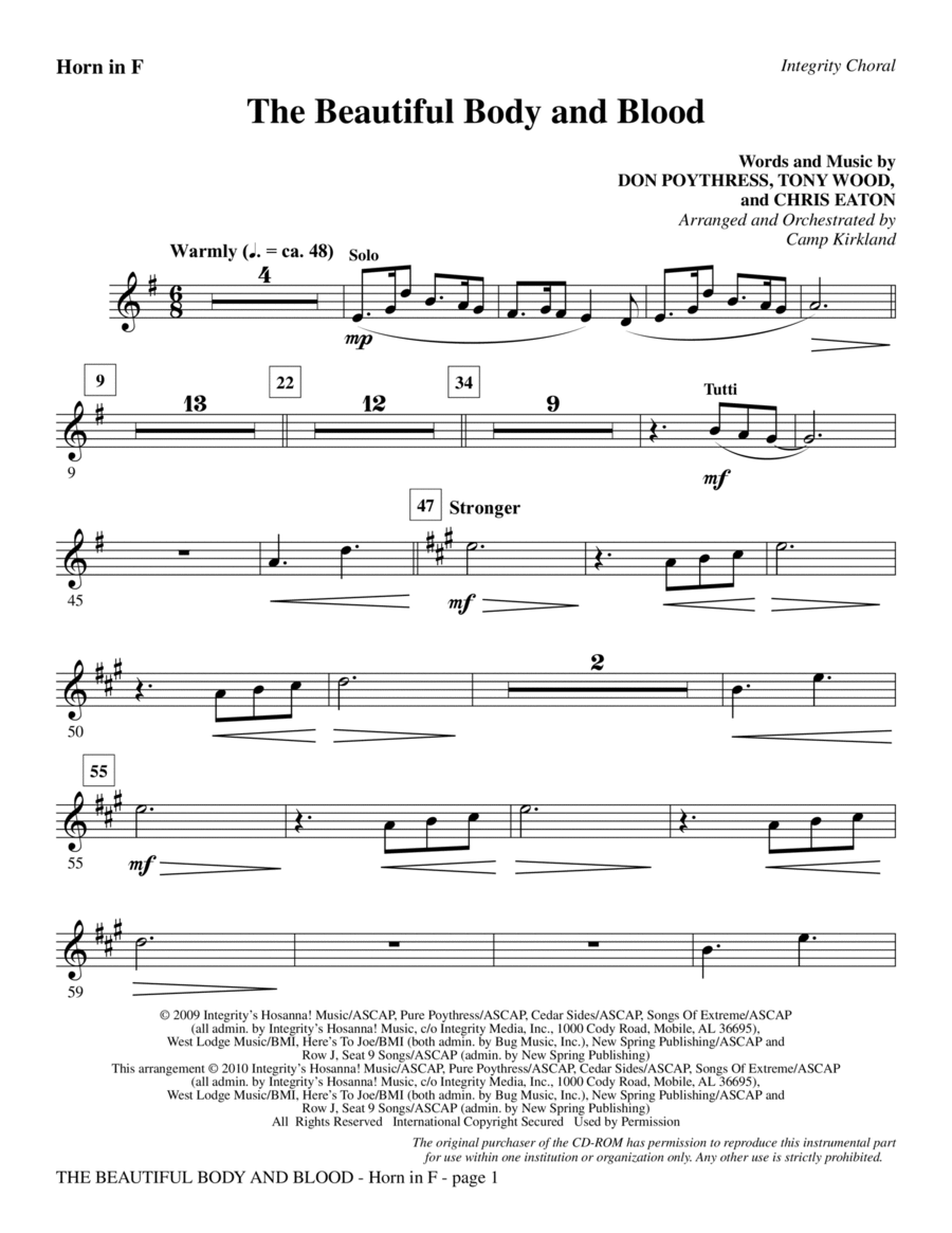 The Beautiful Body And Blood - F Horn Choir scores gallery preview page 1
