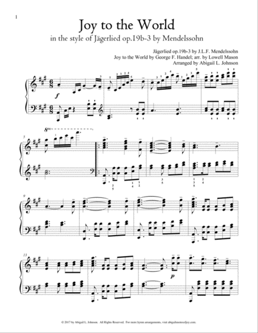 Joy to the World in the style of Mendelssohn's Jägerlied Piano Solo scores gallery preview page 1