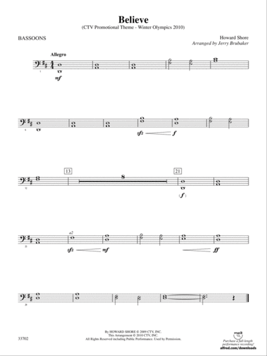 Believe (Winter Olympics 2010): Bassoon Full Orchestra scores gallery preview page 1