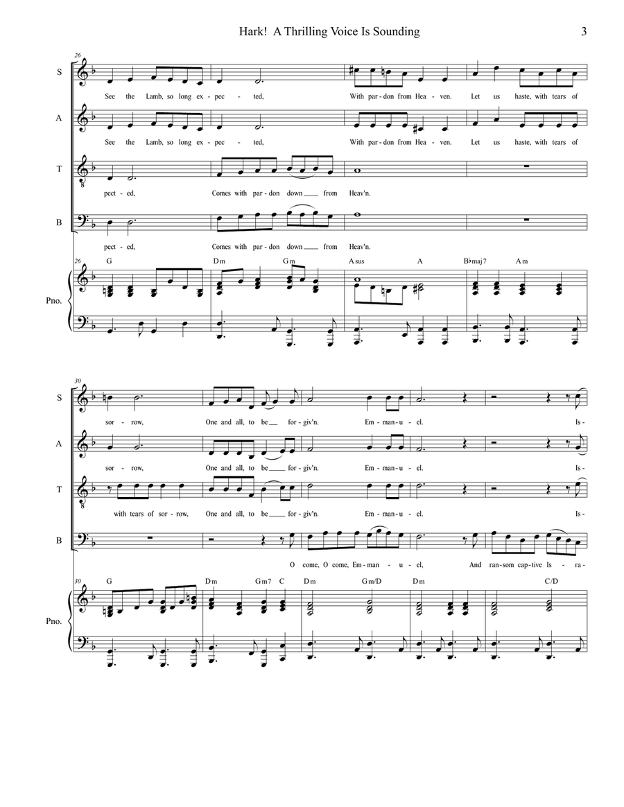 Hark! A Thrilling Voice Is Sounding / O Come, O Come, Emmanuel (Vocal solo and SATB) 4-Part scores gallery preview page 4