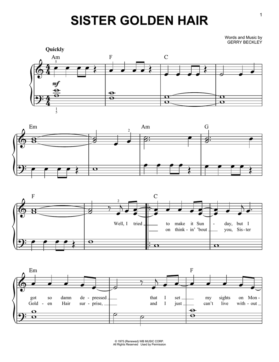 Sister Golden Hair Easy Piano scores gallery preview page 1