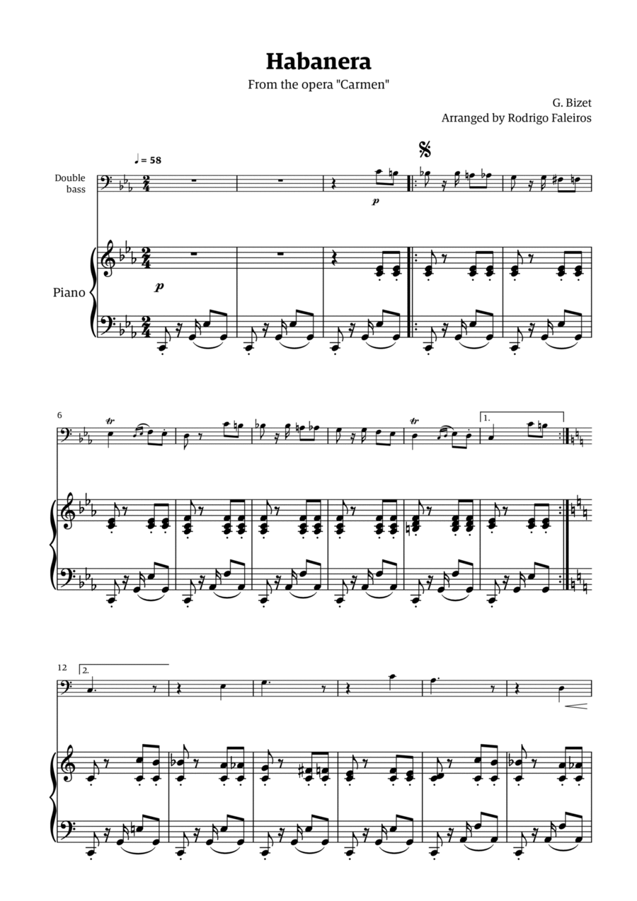 Habanera (for solo double bass w/ piano accompaniment) Chamber Music scores gallery preview page 1