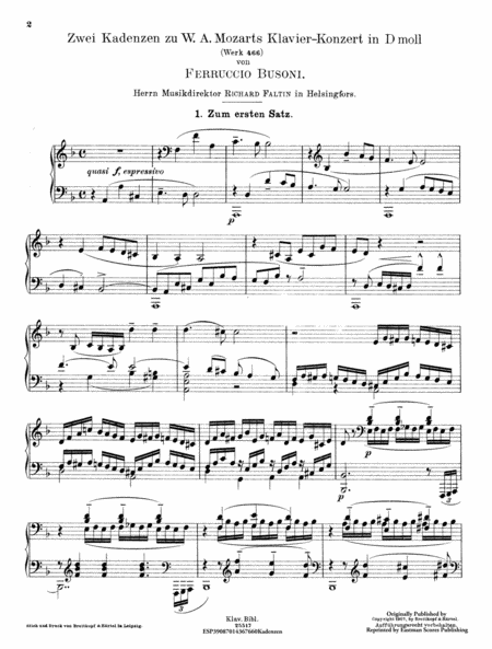 Zwei Kadenzen zu W.A. Mozarts Klavier-Konzert in D moll