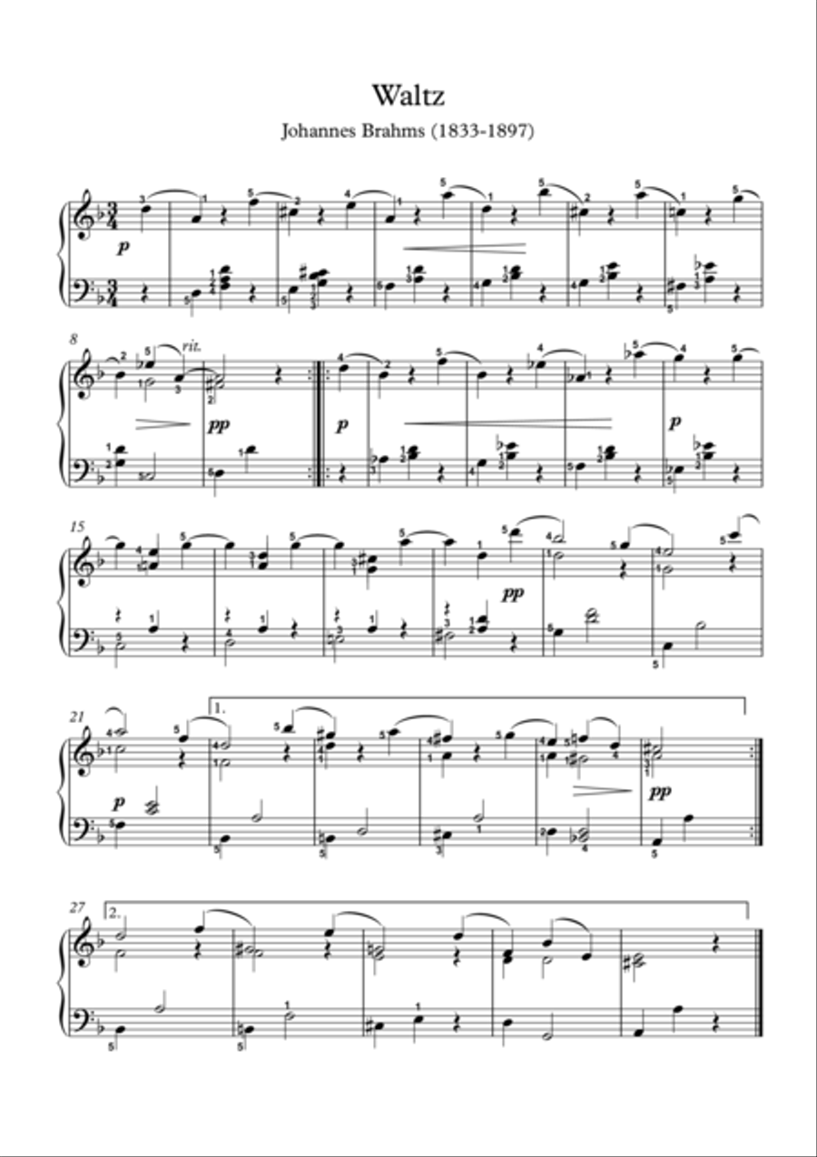 Piano Waltz opus 39 no 9 by Johannes Brahms image number null
