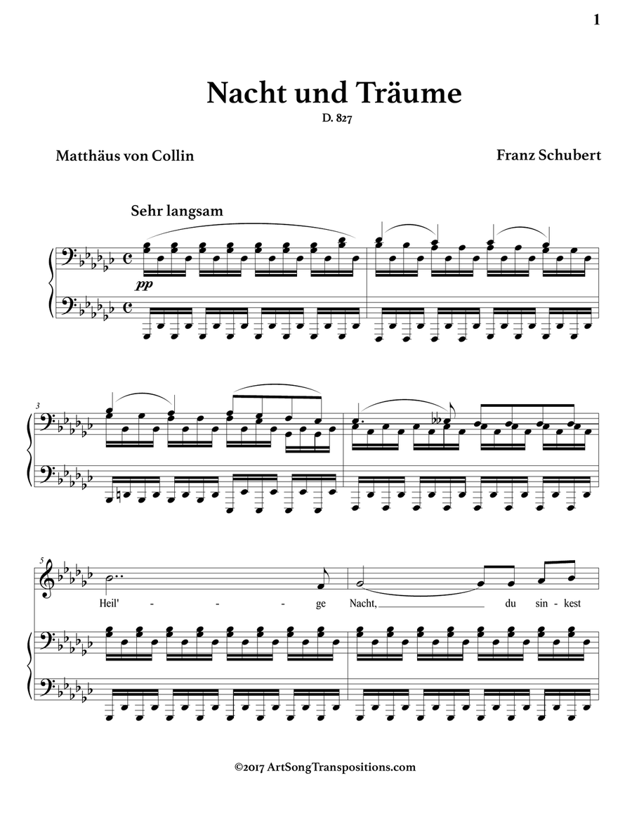 SCHUBERT: Nacht und Träume, D. 827 (in 3 low keys: G, G-flat, F major) Piano, Vocal scores gallery preview page 6