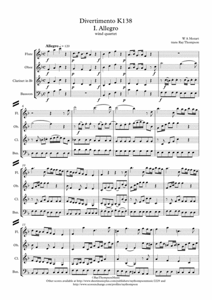 Mozart: Divertimento in F "Salzburg Symphony No.3" K138 Mvt.1 - wind quartet image number null