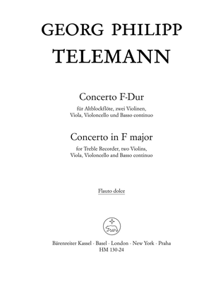 Book cover for Concerto for Treble Recorder, Strings and Basso continuo F major