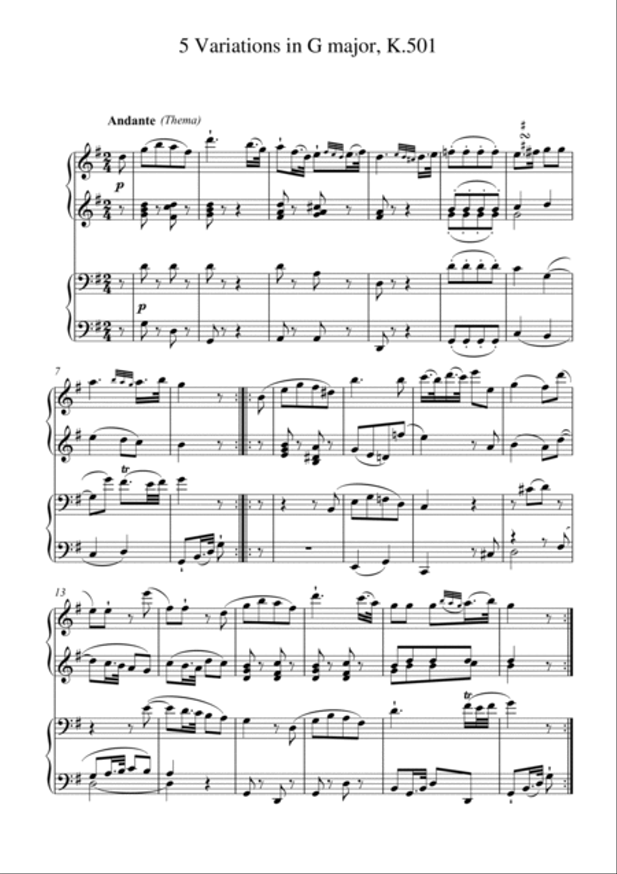 Mozart-5 Variations in G major, K.501 Piano Solo scores gallery preview page 2