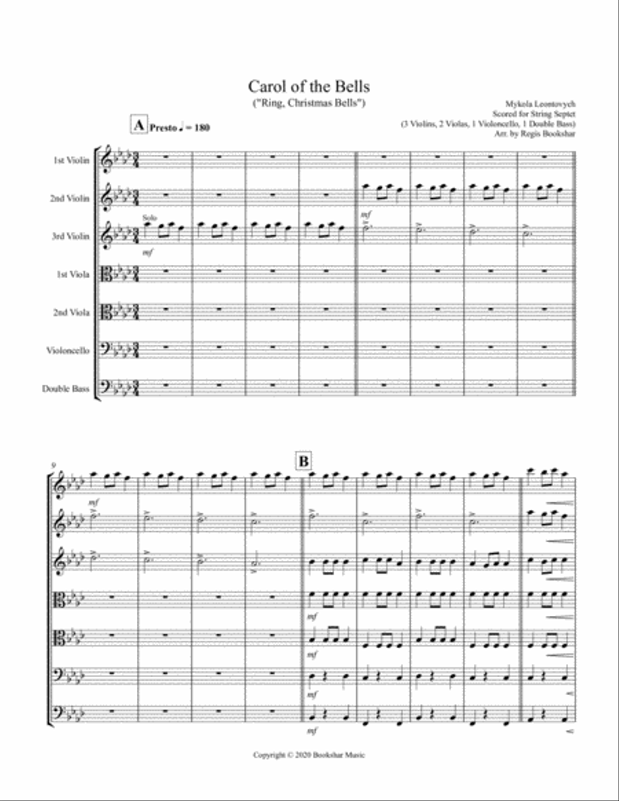 Carol of the Bells (F min) (String Septet - 3 Violin, 2 Viola, 1 Cello, 1 Bass) Cello scores gallery preview page 1