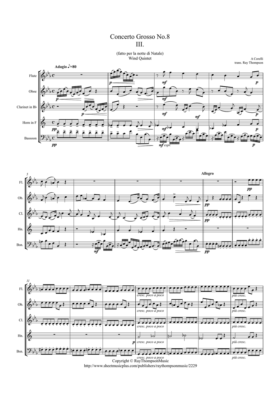 Corelli: Concerto Grosso Op.6 No.8 (Christmas Concerto) III (Adagio/Allegro/Adagio) - wind quintet Woodwind Quintet scores gallery preview page 1