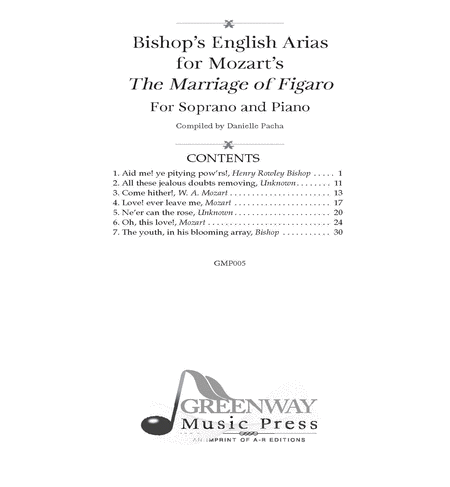 Bishop's English Arias for Mozart's The Marriage of Figaro for Soprano and Piano
