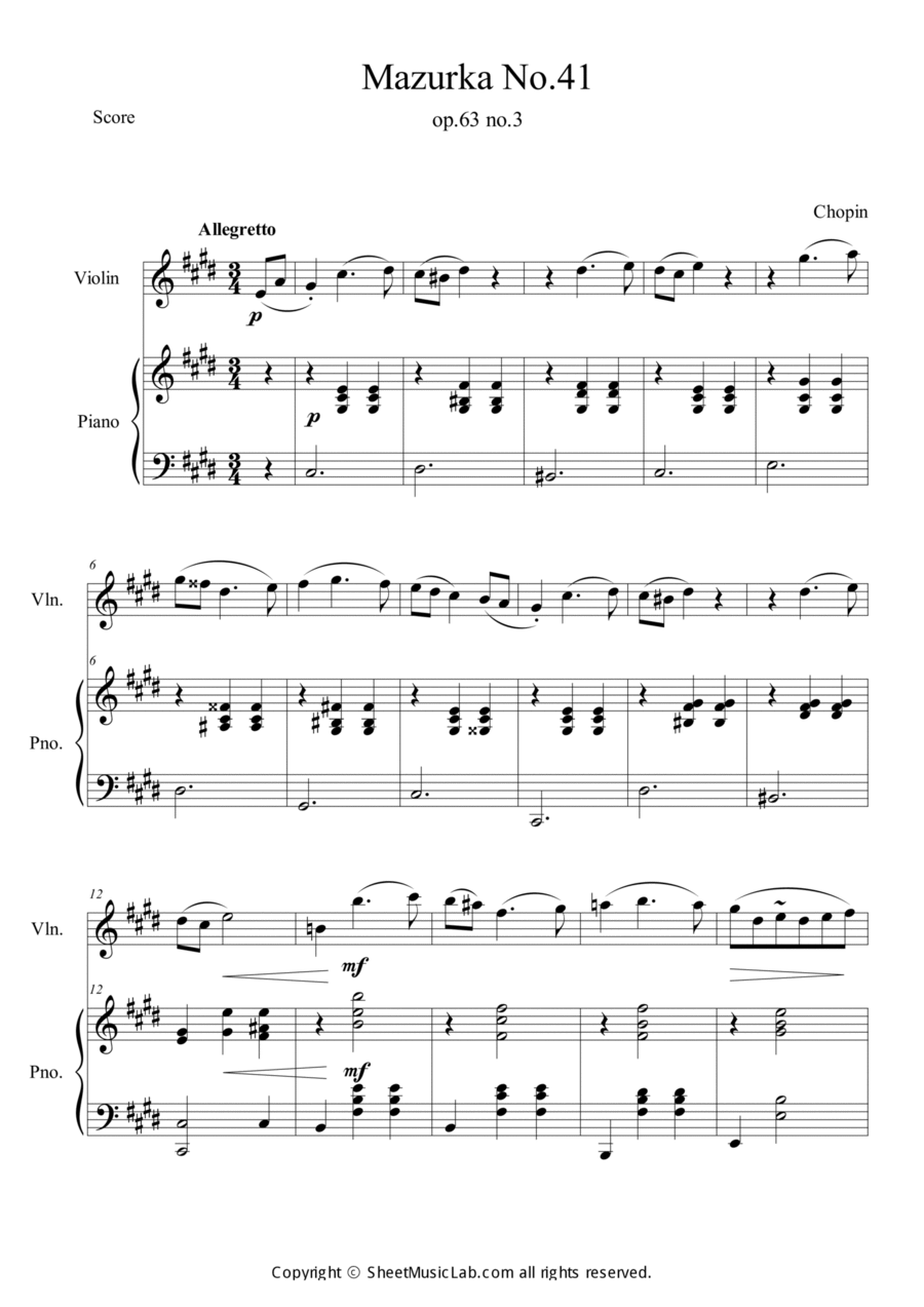 Mazurka No.41 Op. 63 No. 3 Violin Solo scores gallery preview page 1