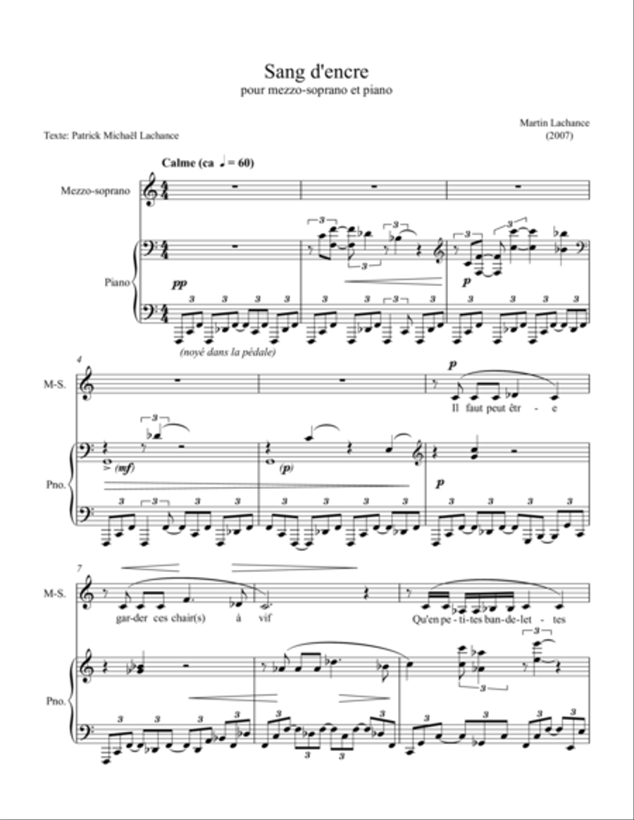 Sang d'encre (for mezzo-soprano & piano) Mezzo-Soprano Voice scores gallery preview page 1