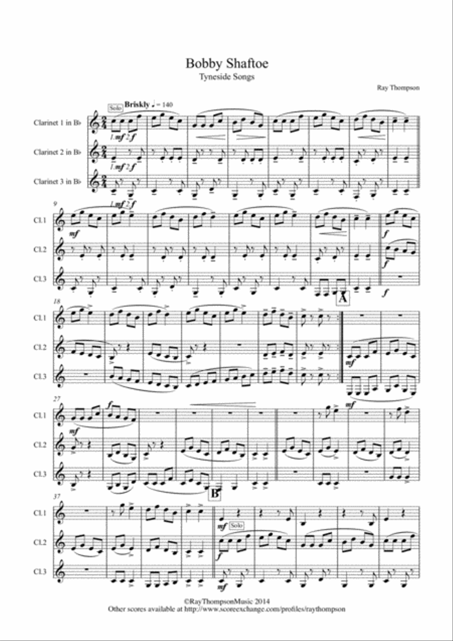 Bobby Shaftoe: Tyneside Songs - clarinet trio Clarinet Trio scores gallery preview page 1