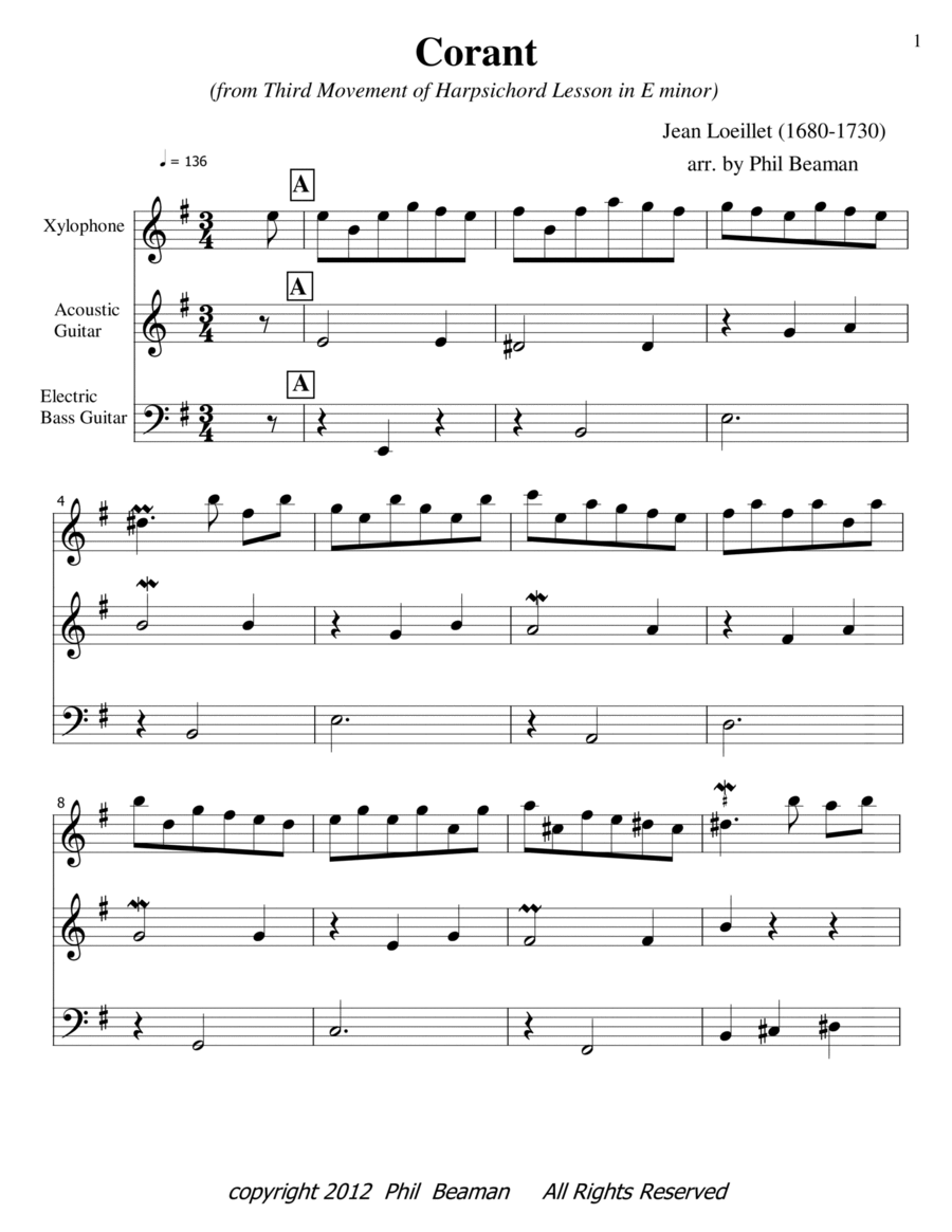 Corant - trio- xylophone/acoustic guitar/electric bass guitar Small Ensemble scores gallery preview page 1