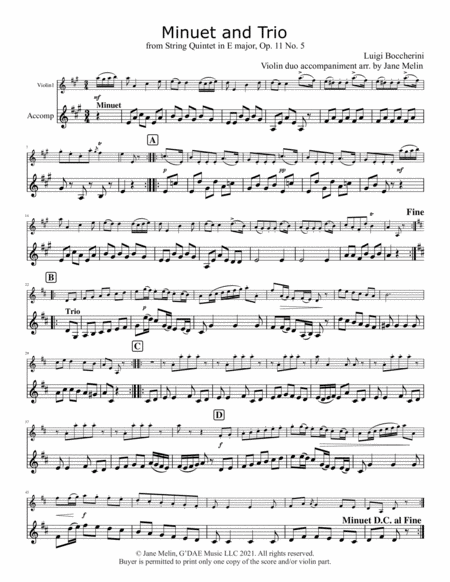Boccherini - Minuet and Trio for Violin from Quintet Op. 11 No. 5 - Second Violin (Duo) Accompanimen