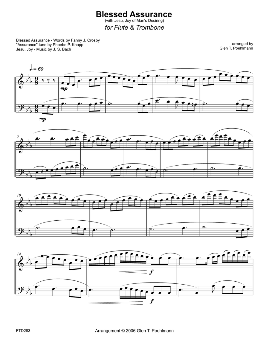 BLESSED ASSURANCE/JESU JOY OF MAN'S DESIRING - Flute & Trombone (unaccompanied) Flute scores gallery preview page 1