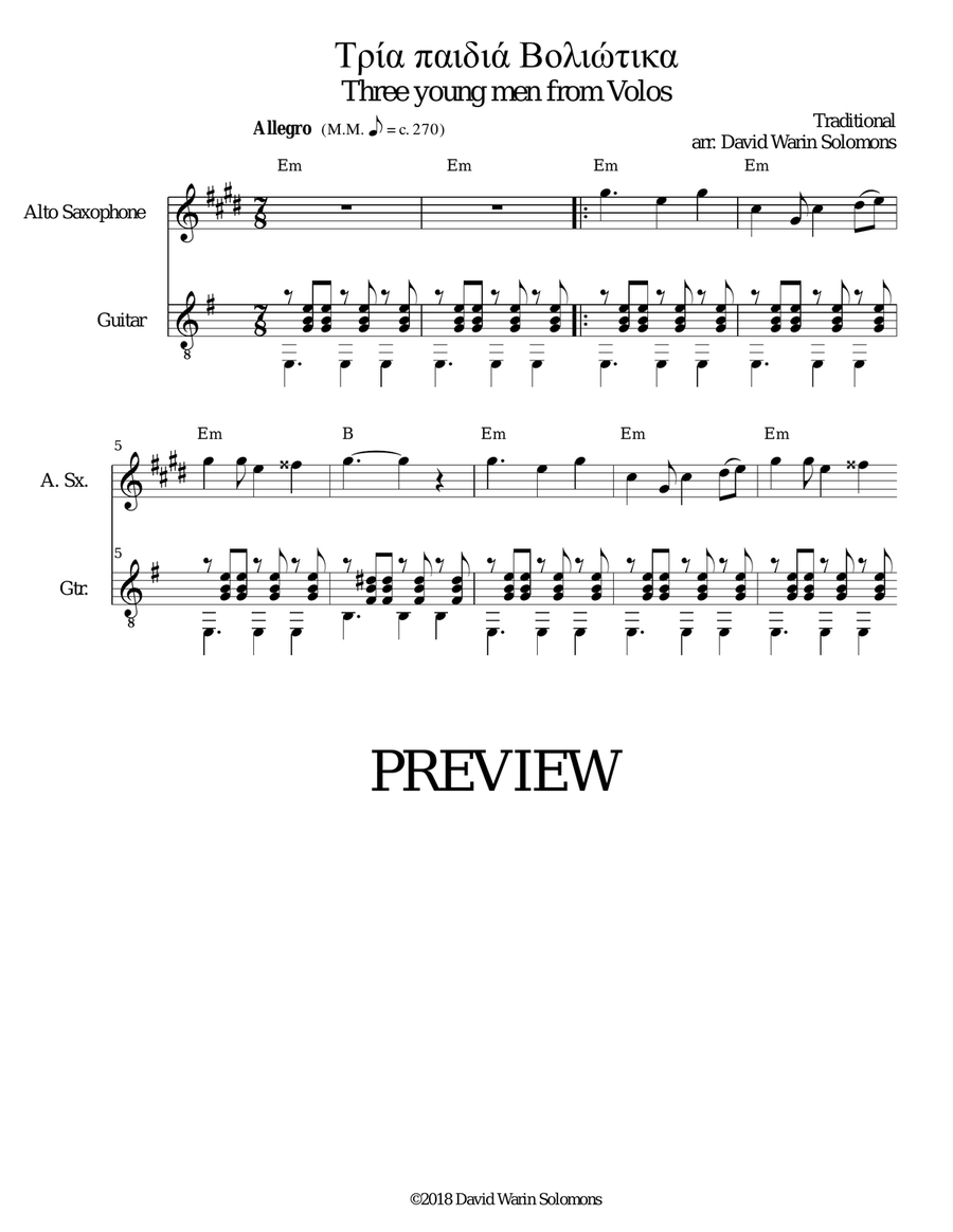 Tria paidia voliotika - Τρία παιδιά Βολιώτικα (Three young men from Volos) alto sax and guitar Alto Saxophone scores gallery preview page 1