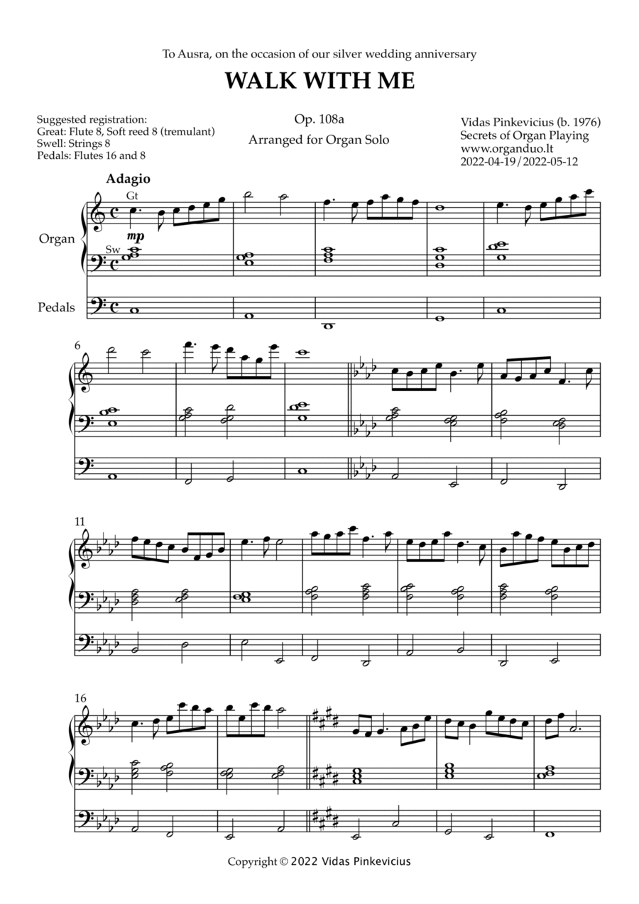 Book cover for Walk With Me, Op. 108a (Organ Solo) by Vidas Pinkevicius (2022)