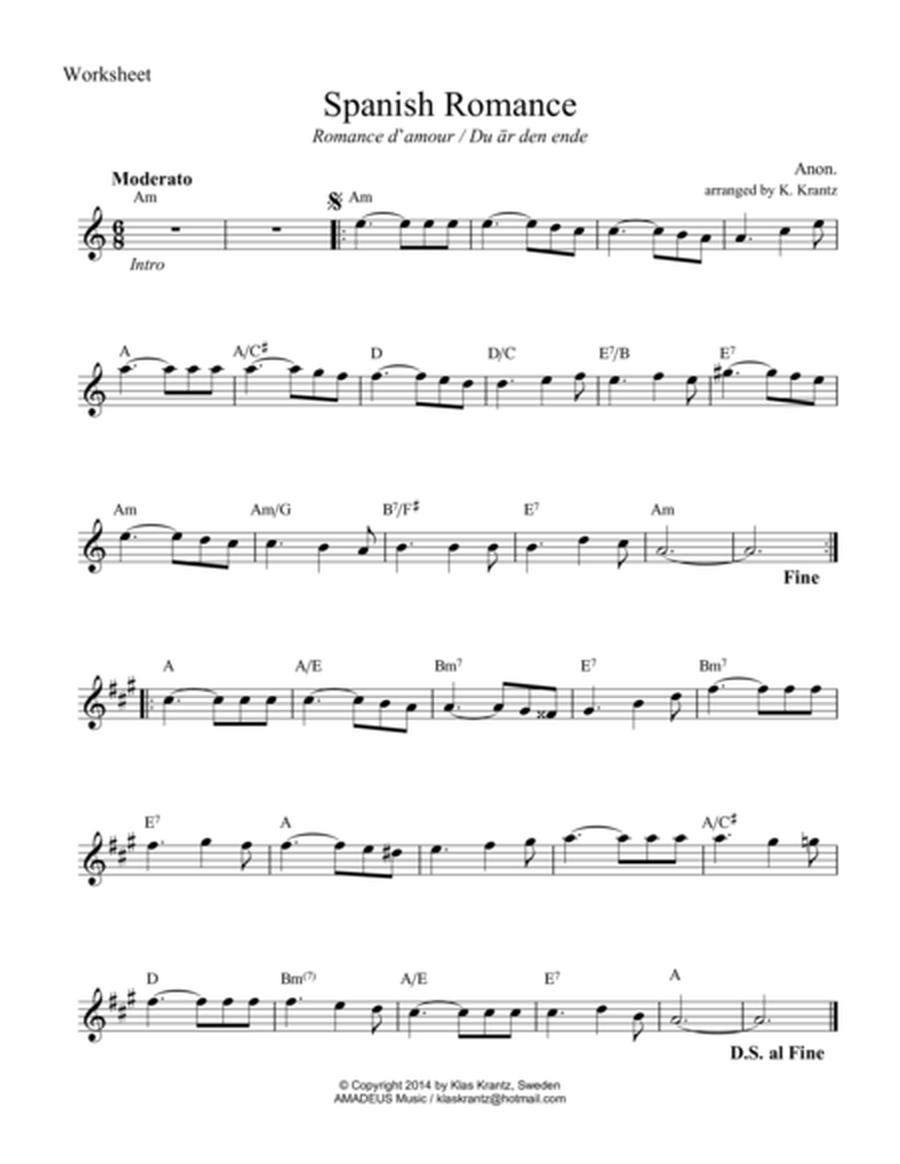 Spanish Romance, Romanza in A Minor (lead sheet with guitar chords)