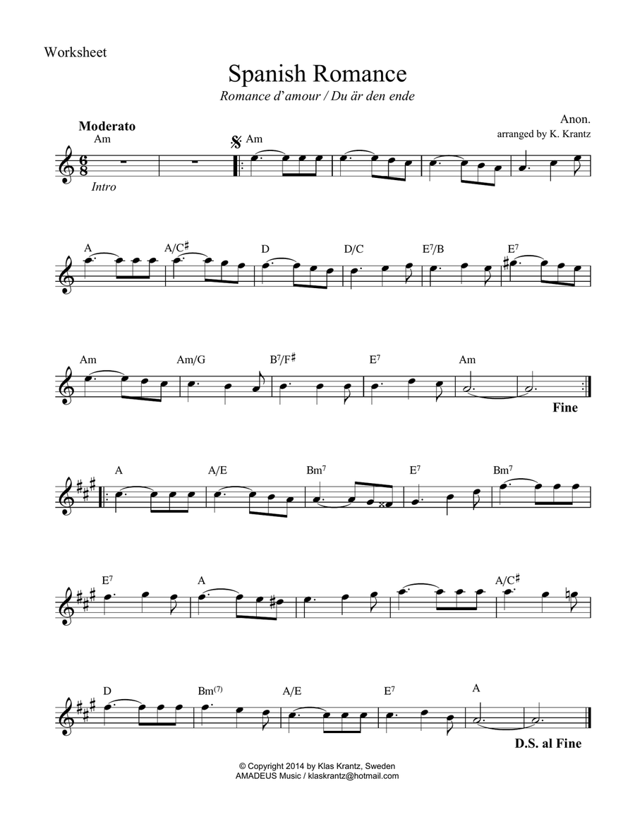 Spanish Romance, Romanza in A Minor (lead sheet with guitar chords) Acoustic Guitar scores gallery preview page 1