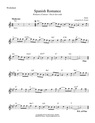 Spanish Romance, Romanza in A Minor (lead sheet with guitar chords)