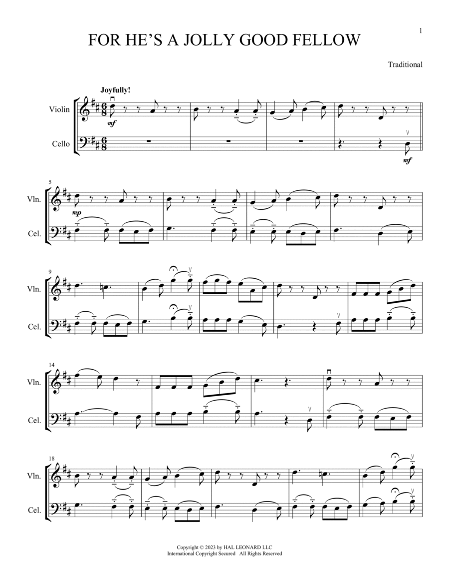 For He's A Jolly Good Fellow (arr. Michelle Hynson) String Duet scores gallery preview page 1