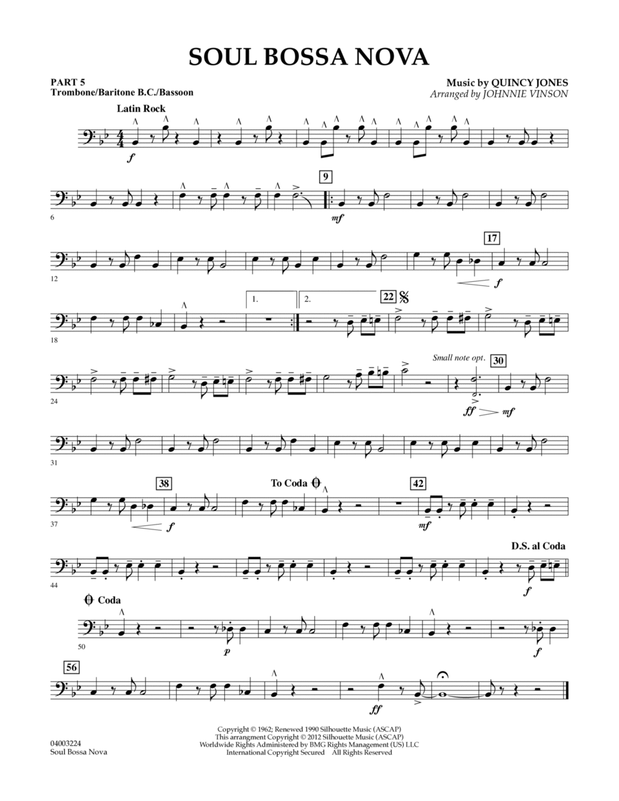Soul Bossa Nova (arr. Johnnie Vinson) - Pt.5 - Trombone/Bar. B.C./Bsn. Concert Band scores gallery preview page 1
