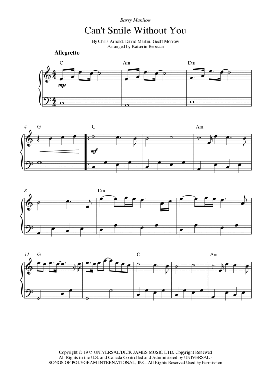 Can't Smile Without You Easy Piano scores gallery preview page 1