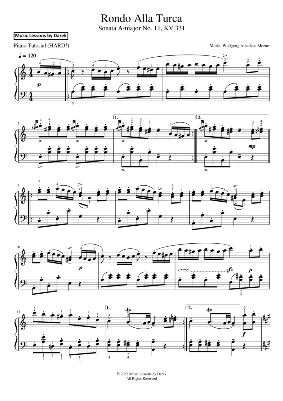 Rondo Alla Turca (HARD PIANO) Sonata A-major No. 11, KV 331 [Wolfgang Amadeus Mozart] Piano Solo scores gallery preview page 1