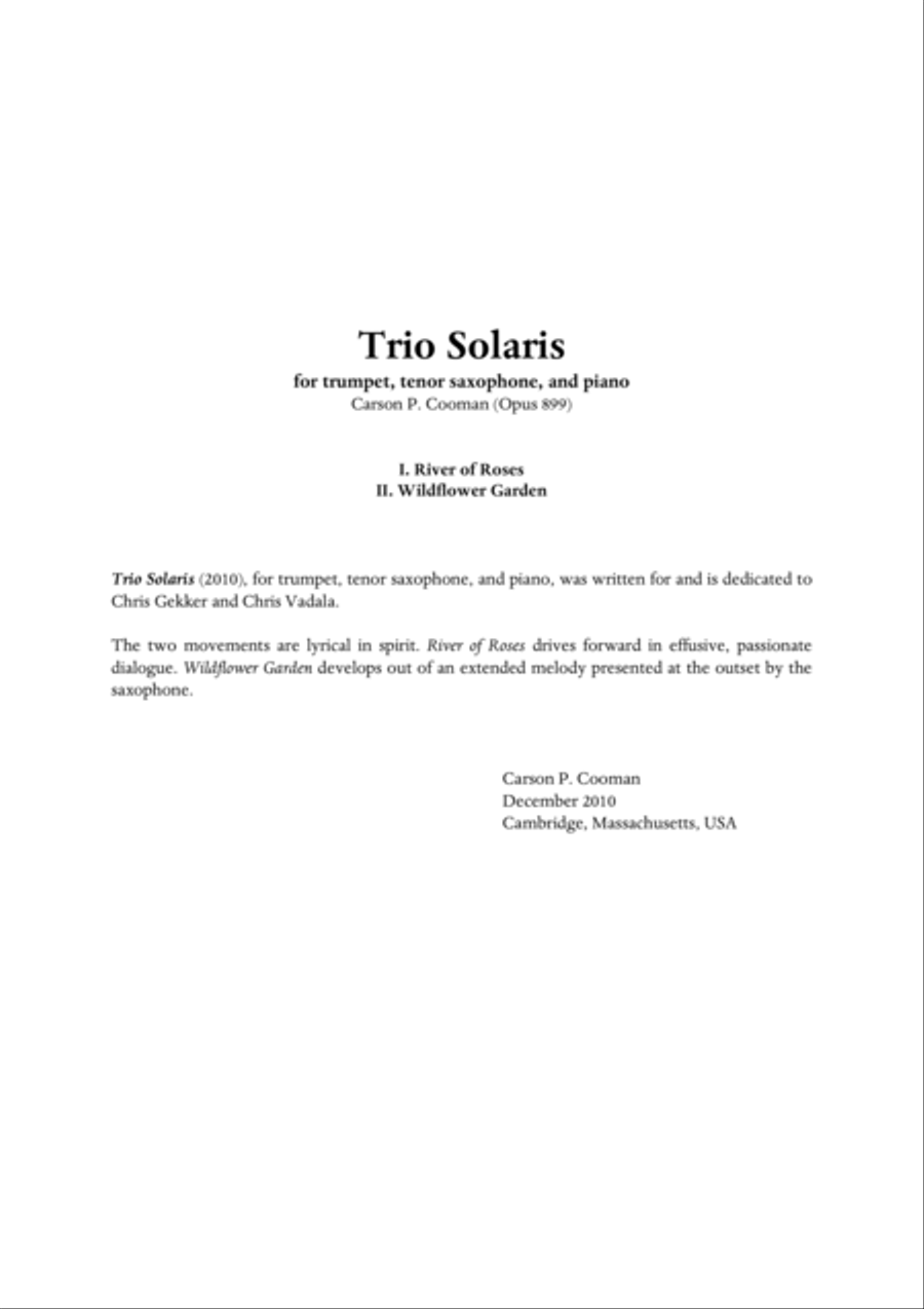 Carson Cooman - Trio Solaris (2010), for trumpet, tenor saxophone, and piano Small Ensemble scores gallery preview page 1