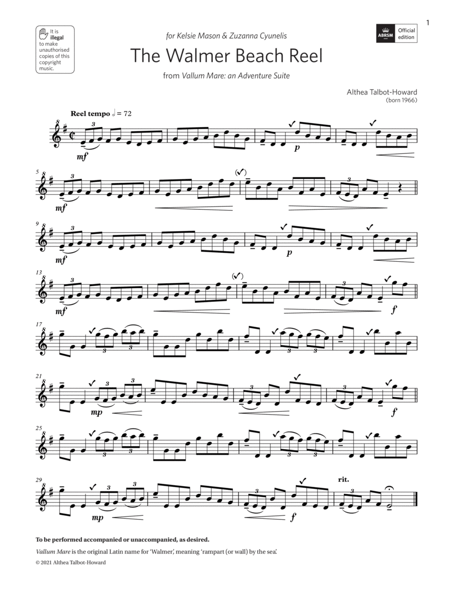 The Walmer Beach Reel (Grade 4 List C9 from the ABRSM Descant Recorder syllabus from 2022) Soprano Recorder scores gallery preview page 1