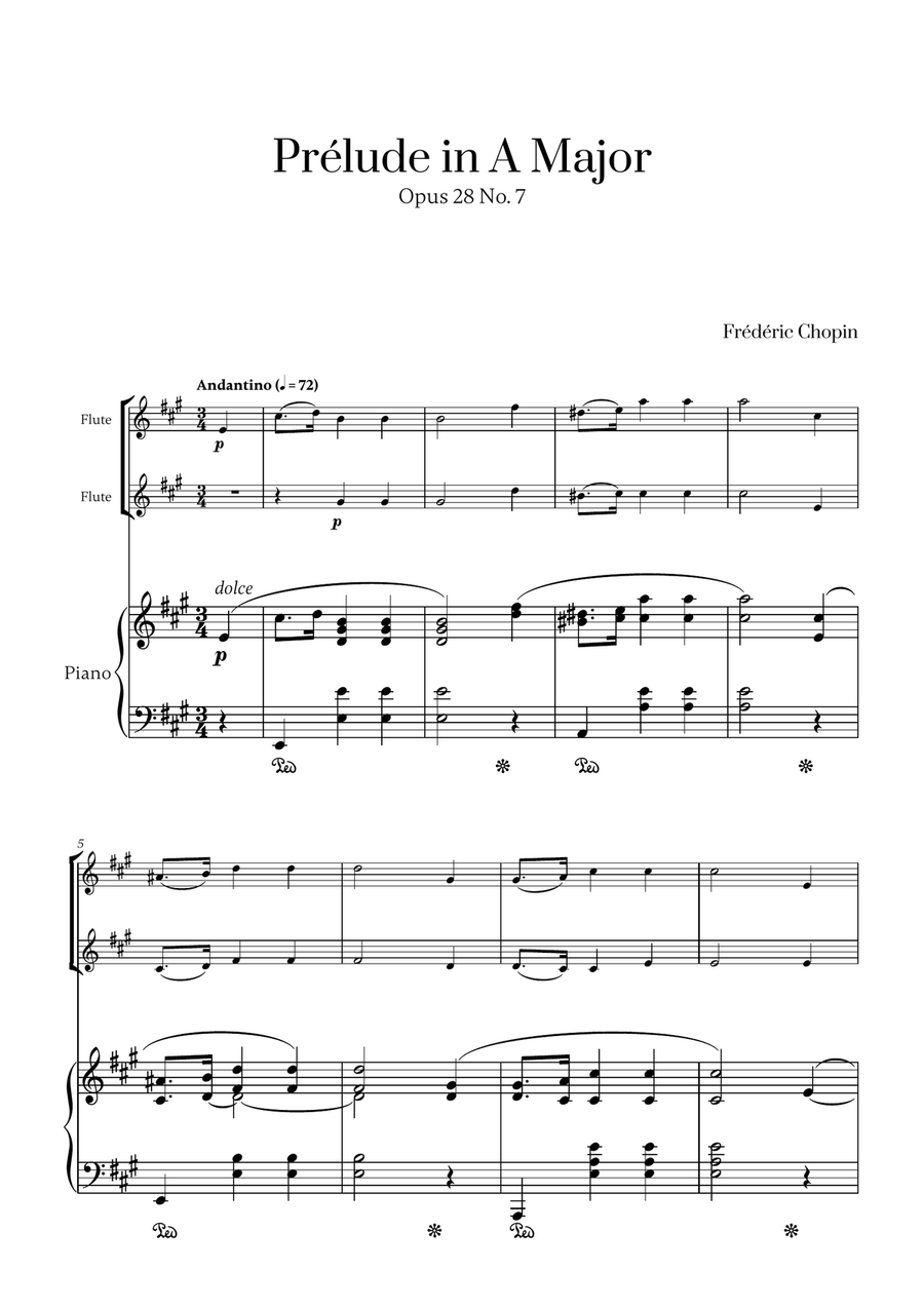 Chopin - Prelude in A Major Op. 28 No. 7 (for Flute Duet and Piano) Flute Duet scores gallery preview page 1