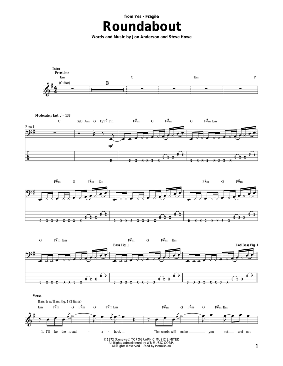 Roundabout Bass Guitar Tablature scores gallery preview page 1