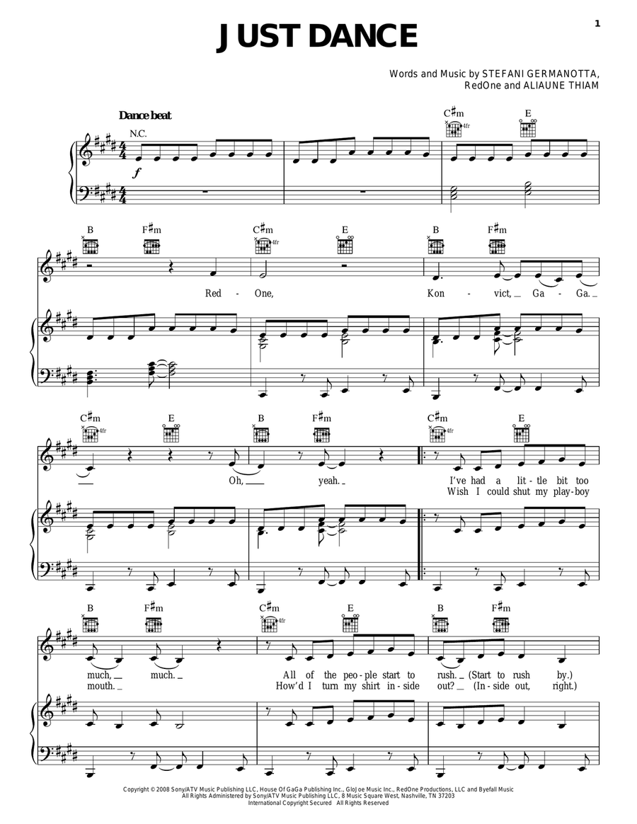 Just Dance Just Dance Piano, Vocal, Guitar scores gallery preview page 1