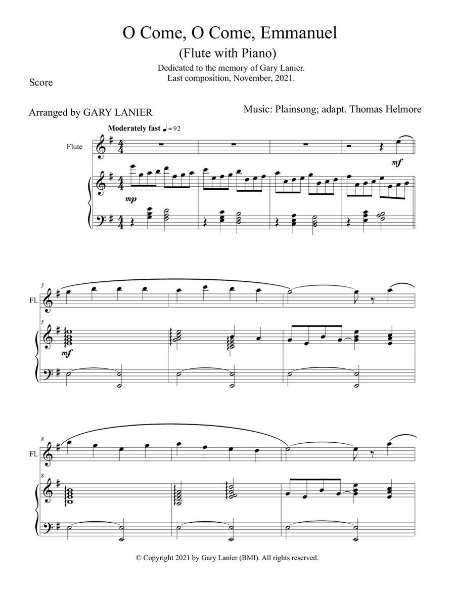 O COME, O COME, EMMANUEL, Flute and Piano (Score & Parts included) image number null