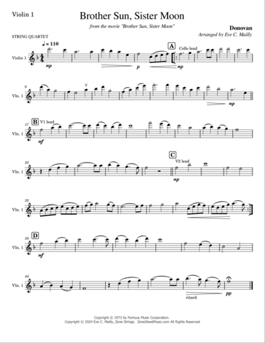 Brother Sun, Sister Moon String Quartet scores gallery preview page 4