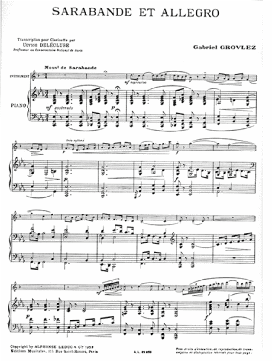 Gabriel Grovlez - Sarabande Et Allegro Pour Clarinette Et Piano (arr. Ulysse Delecluse) Clarinet Solo scores gallery preview page 2
