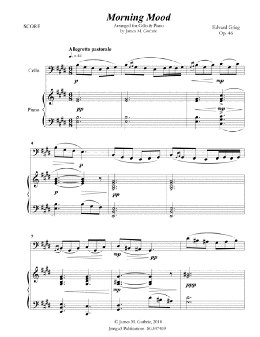 Grieg: Morning Mood from Peer Gynt Suite for Cello & Piano Piano scores gallery preview page 2