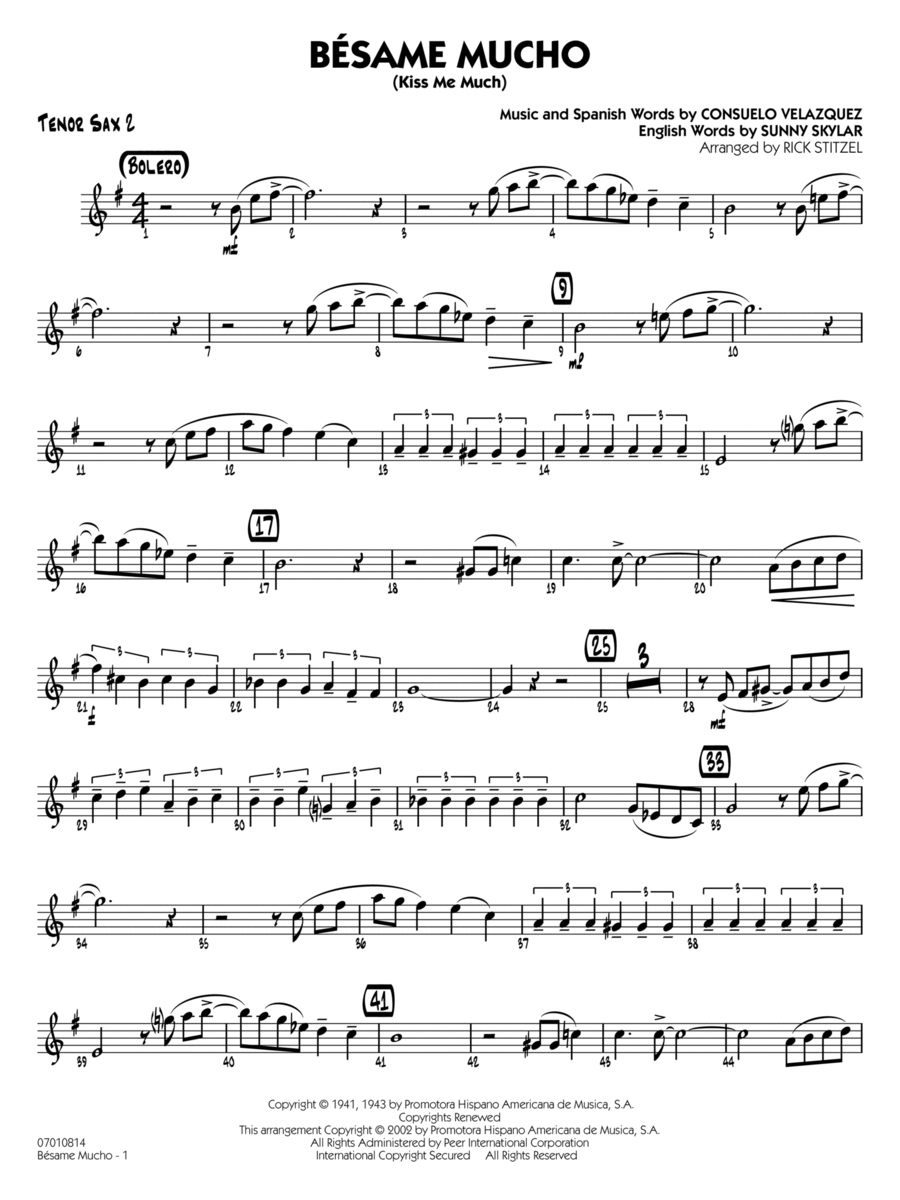 Bésame Mucho (Kiss Me Much) (arr. Rick Stitzel) - Tenor Sax 2 Jazz Ensemble scores gallery preview page 1