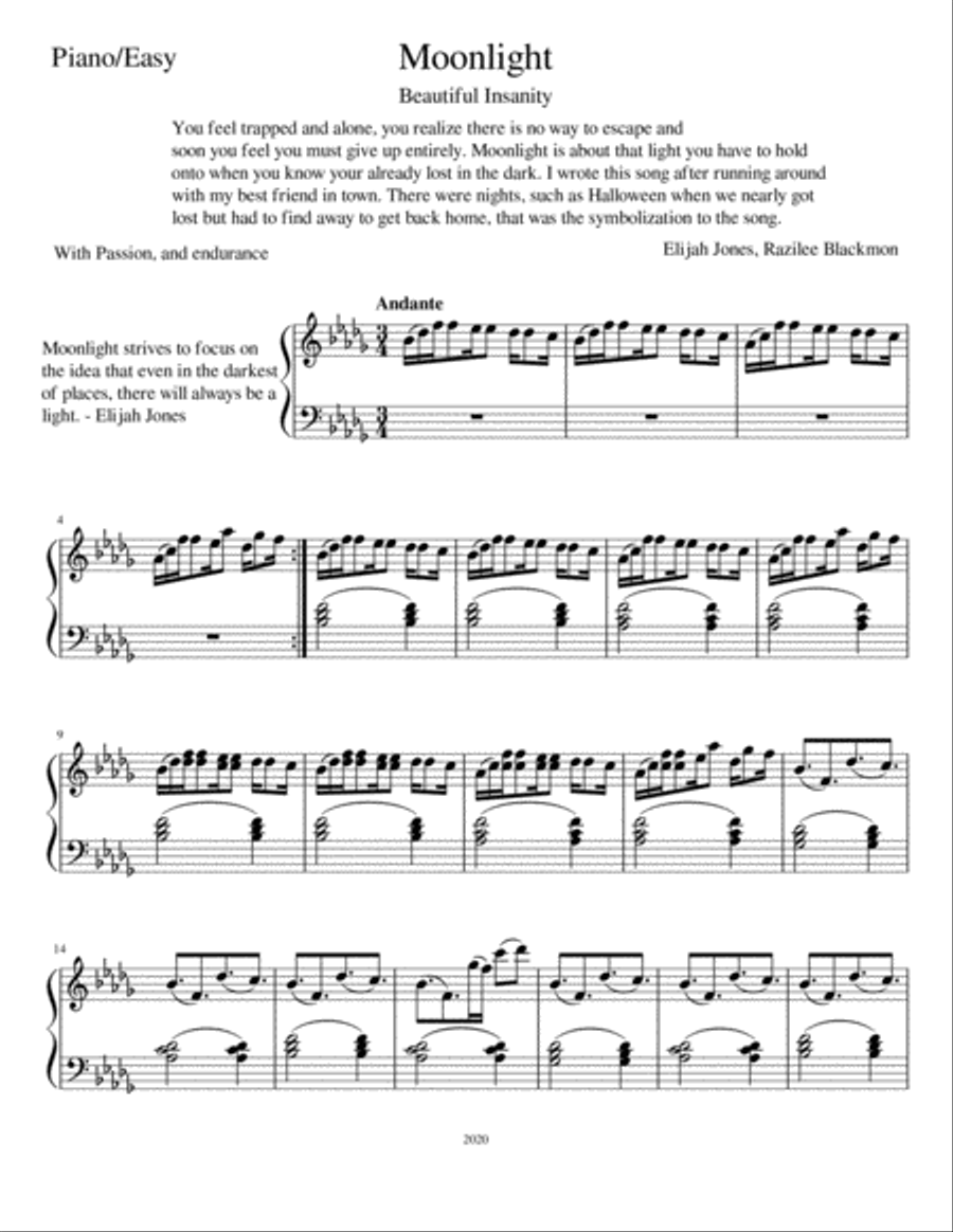 Moonlight - Beautiful Insanity (Elijah Jones/ Piano Sheet Music) Piano Solo scores gallery preview page 1