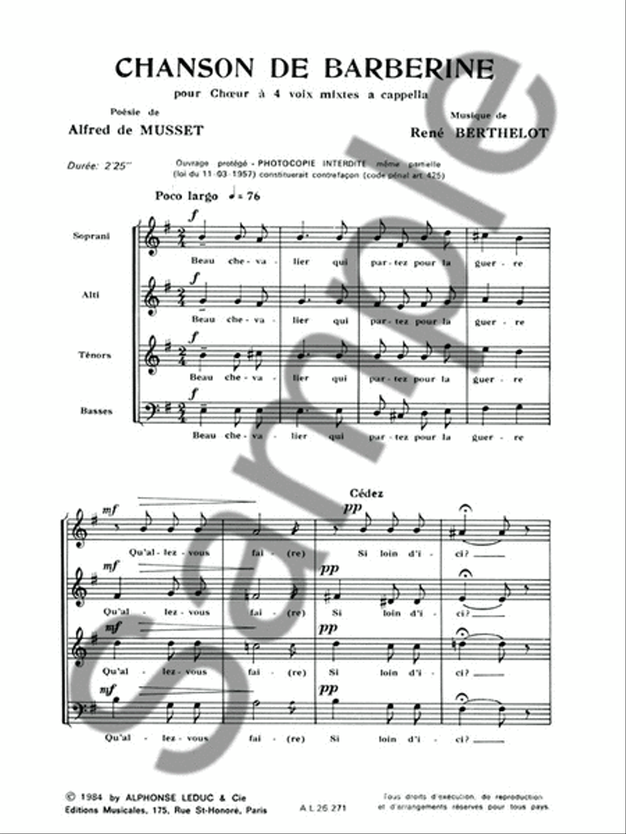 Chanson De Barberine (choral-mixed A Cappella) 4-Part scores gallery preview page 2