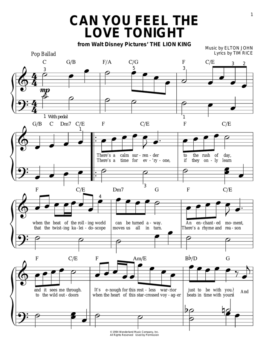 Can You Feel The Love Tonight (from The Lion King) Easy Piano scores gallery preview page 1