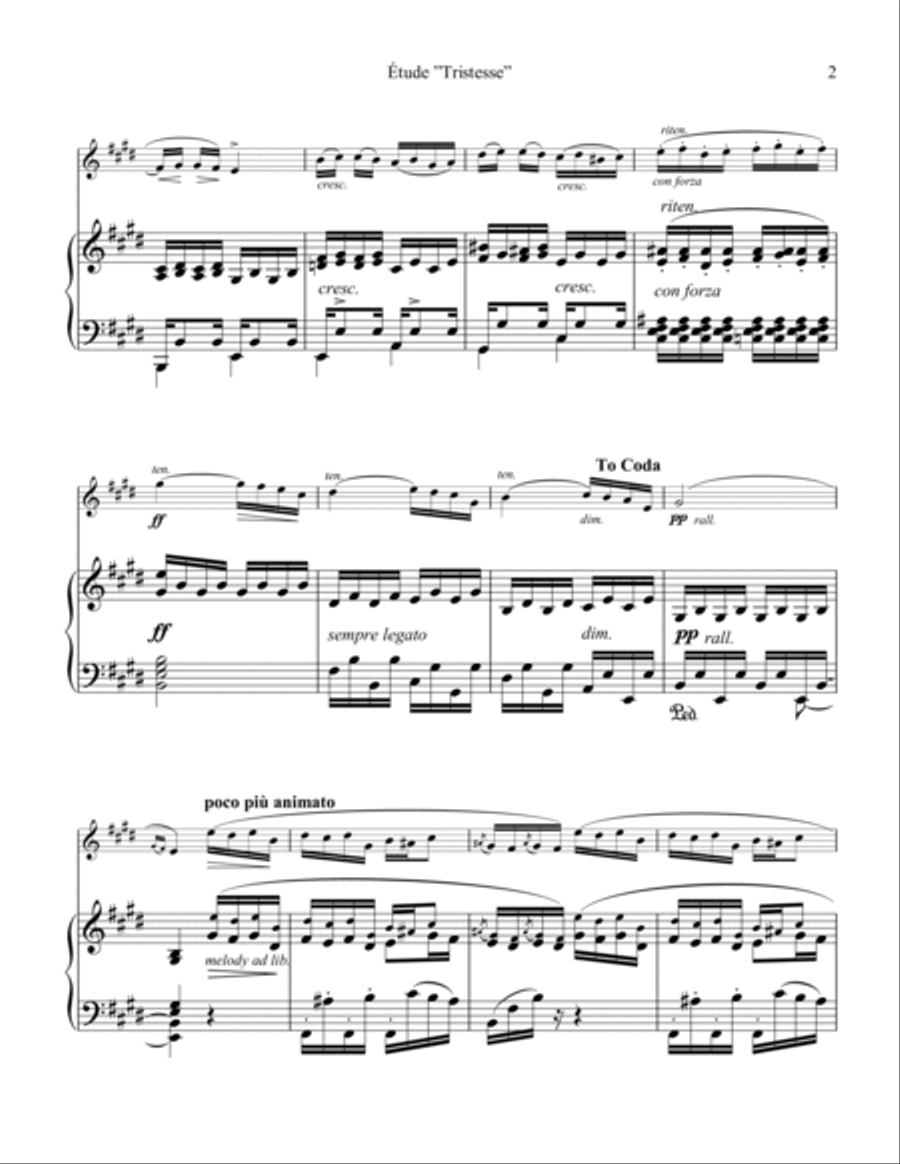 Étude (Study) "Tristesse" Op 10 No. 3 (abridged) for violin and piano image number null