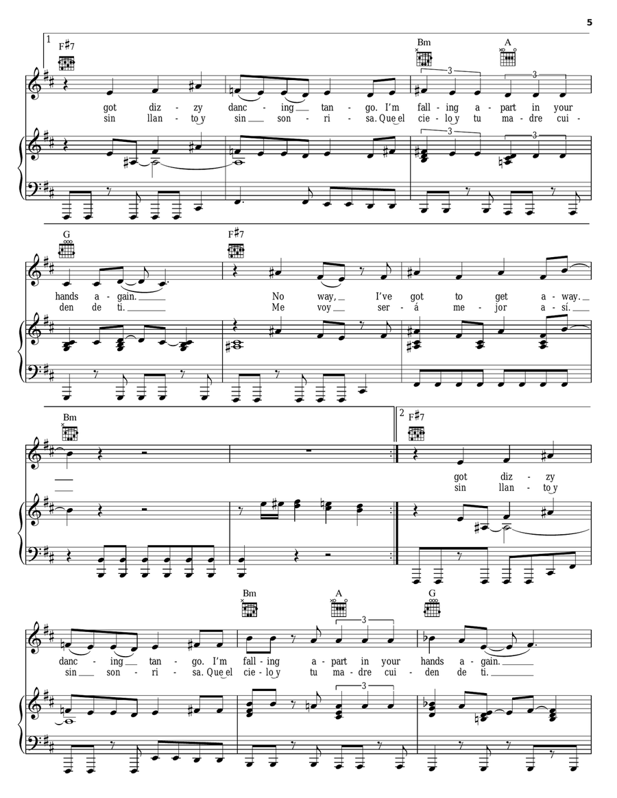 Objection (Tango) Piano, Vocal, Guitar scores gallery preview page 5